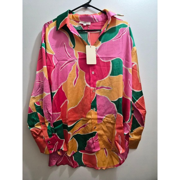 entro Tops - Entro NWT Womens Pink Orange Floral Oversized Long Sleeve Button Down Shirt S